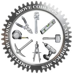 Above Code LLC logo. The logo includes the business name and the words Uniti Adedifcamus and Limitless Building